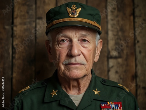 Elderly veteran in military uniform against a rustic background.