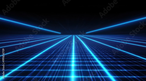 Glowing blue beams of holographic light flowing through a tech-inspired grid, evoking futuristic energy and digital innovation.