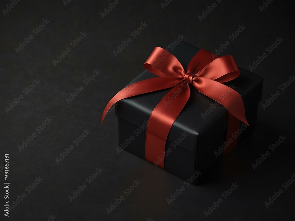 Elegant black gift box with shiny red ribbon on a dark background. Elegant black gift box with shiny red ribbon on a dark background.