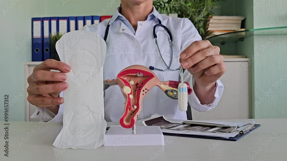 Doctor hands hold model of uterus and tampon closeup. Feminine hygiene and gynecology