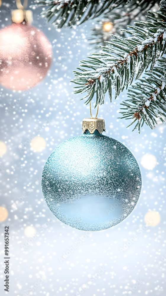 a holiday themed background for a presentation, frosted bokeh snow, pine tree branches, ornaments, simple design background a holiday themed background for a presentation, frosted bokeh snow, pine tree branches, ornaments, simple design background