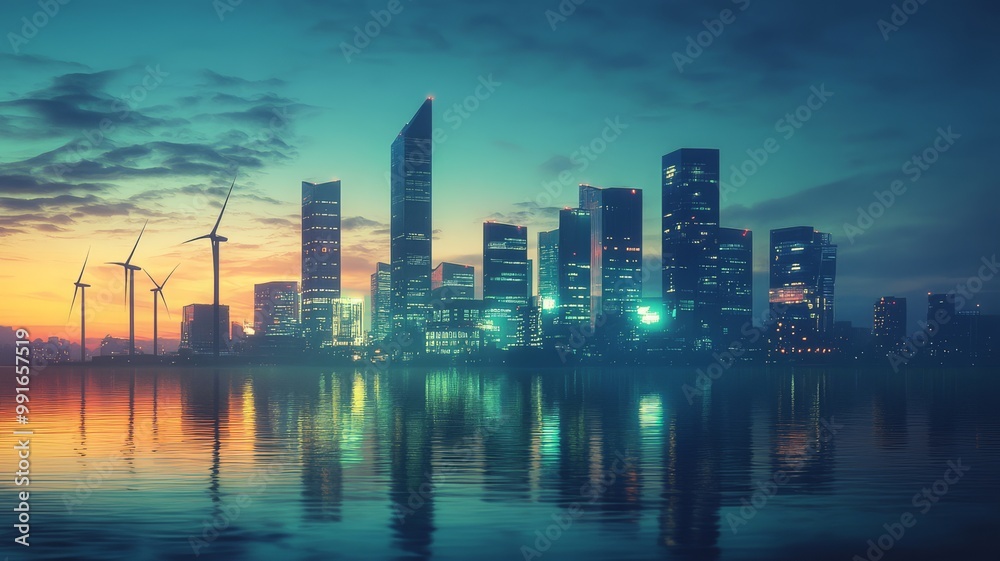 Fototapeta premium A vibrant city skyline at dusk, reflecting lights on the water, with wind turbines adding a touch of green energy.