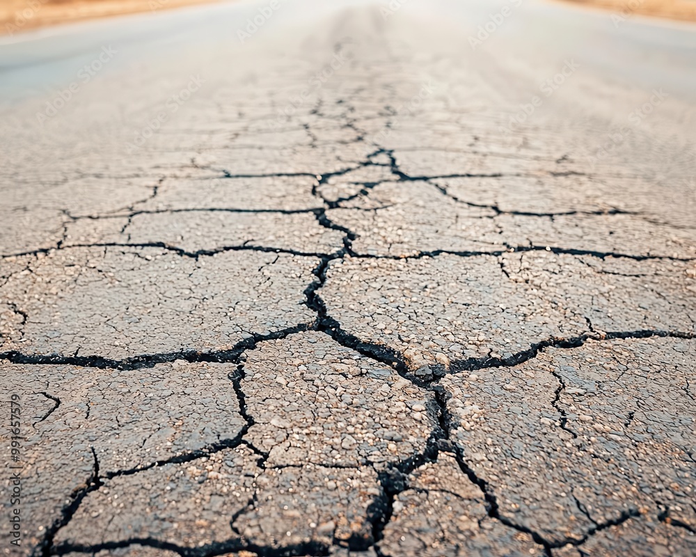 Obraz premium Asphalt road with visible cracks and potholes, showing signs of wear and tear, cracked road, aging infrastructure