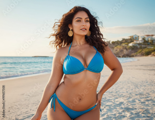 Confident, curvy young woman with flowing hair posing on the beach, embracing her body and radiating self-assurance under the bright sun, with the ocean waves behind her