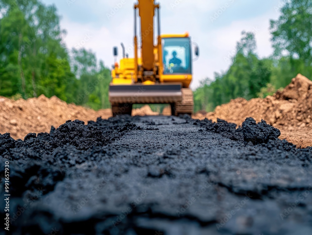 Fototapeta premium Road under construction with a partially paved surface and heavy machinery, partially paved road, construction progress