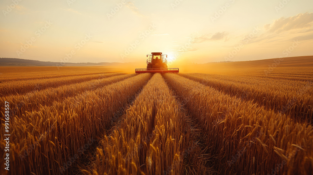 A golden wheat field at sunset, with a tractor harvesting crops, creating a serene and productive agricultural scene. A golden wheat field at sunset, with a tractor harvesting crops, creating a serene and productive agricultural scene.