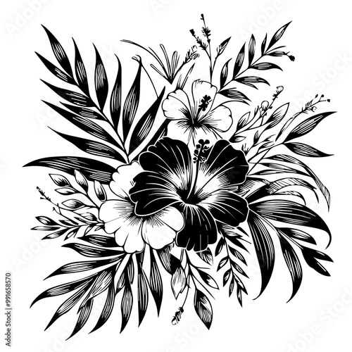Botanical line background with flowers and leaves. Floral foliage for wedding invitation, wall art, or card template 1 .ai