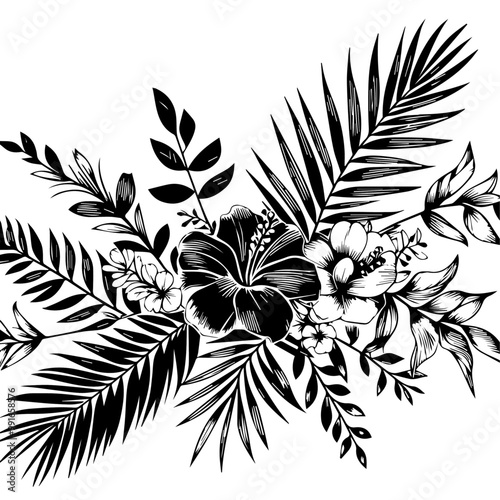 Botanical line bakground with flowers and leaves. Floral foliage for wedding invitation, wall art or card template 1 .ai