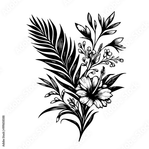 Botanical line bakground with flowers and leaves. Floral foliage for wedding invitation, wall art or card template .ai