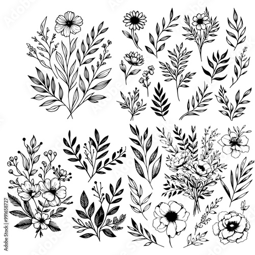 Botanical line bakground with flowers and leaves. Floral foliage for wedding invitation, wall art or card template 11 .ai