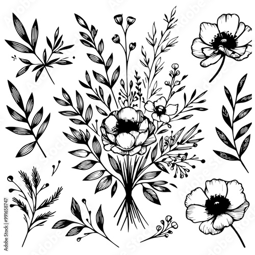 Botanical line bakground with flowers and leaves. Floral foliage for wedding invitation, wall art or card template 12 .ai