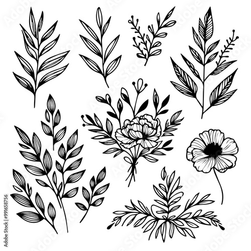 Botanical line bakground with flowers and leaves. Floral foliage for wedding invitation, wall art or card template 14 .ai