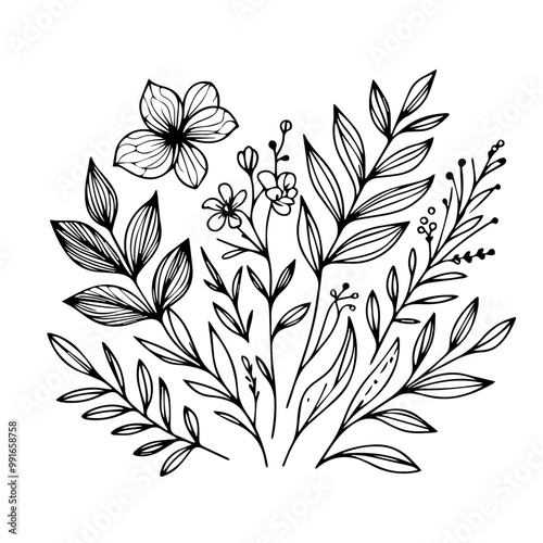 Botanical line bakground with flowers and leaves. Floral foliage for wedding invitation, wall art or card template 17