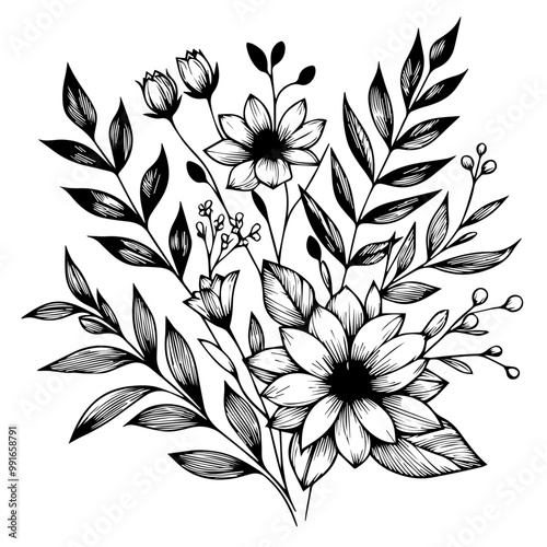 Botanical line bakground with flowers and leaves. Floral foliage for wedding invitation, wall art or card template 17 .ai