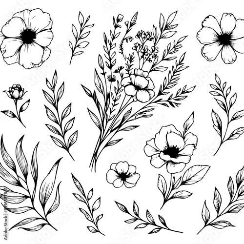 Botanical line bakground with flowers and leaves. Floral foliage for wedding invitation, wall art or card template 20 .ai