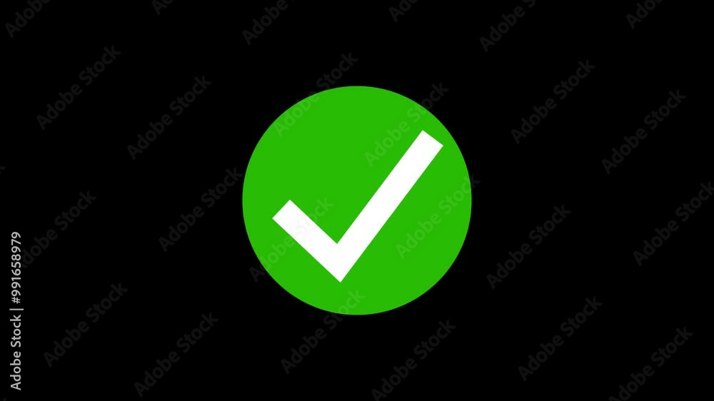 White check mark in green circle icon animation with black background. White check mark in green circle icon animation with black background.