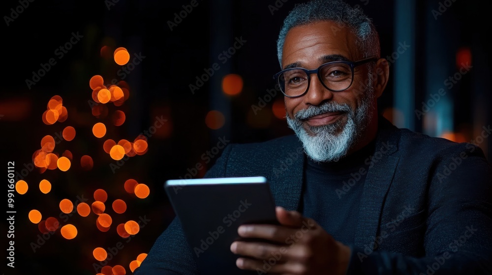 Holiday Cheer with Technology: A warm and inviting portrait of a mature man, radiating happiness as he uses a tablet in a cozy atmosphere illuminated by festive lights. Holiday Cheer with Technology: A warm and inviting portrait of a mature man, radiating happiness as he uses a tablet in a cozy atmosphere illuminated by festive lights.