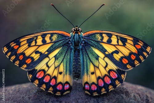 Vibrant butterfly with colorful wing pattern resting on rock