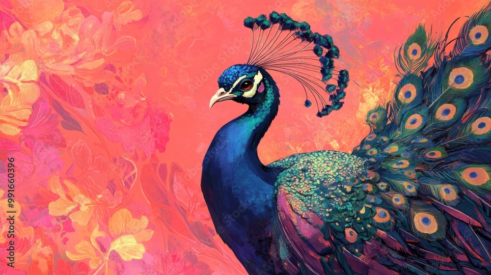 Fototapeta premium Peafowl, feathers, pink, space. Generative AI