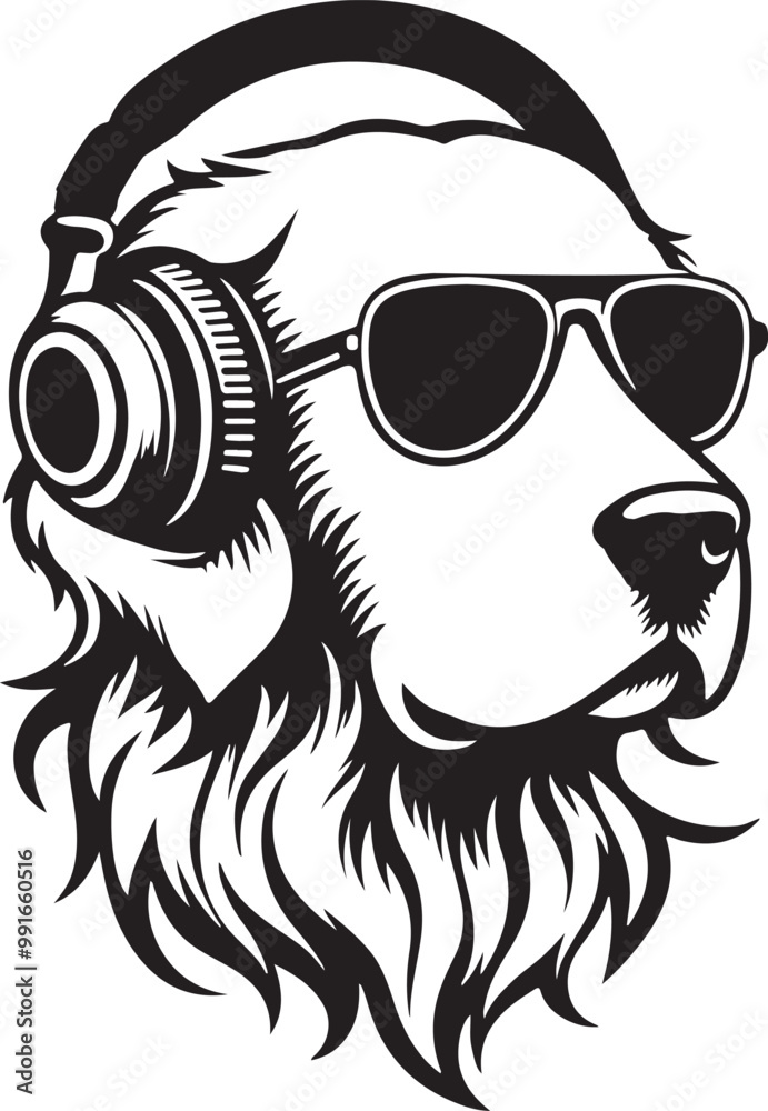 Fototapeta premium A Cute Dog Listening to Music with Headphones silhouette vector