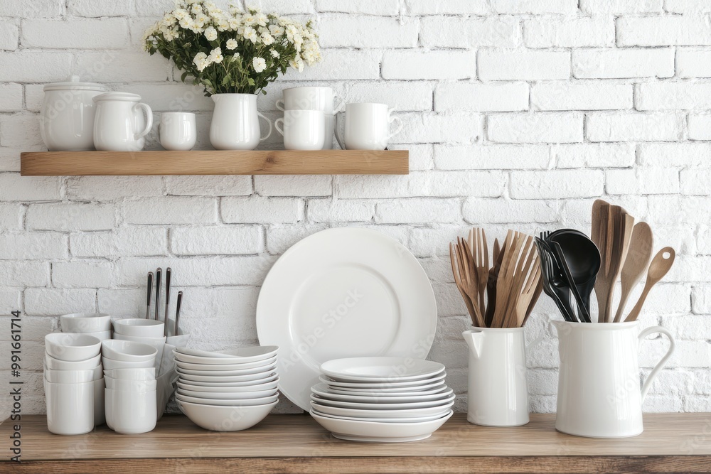 White Kitchen Utensils and Dishes on Wooden Shelf White Kitchen Utensils and Dishes on Wooden Shelf