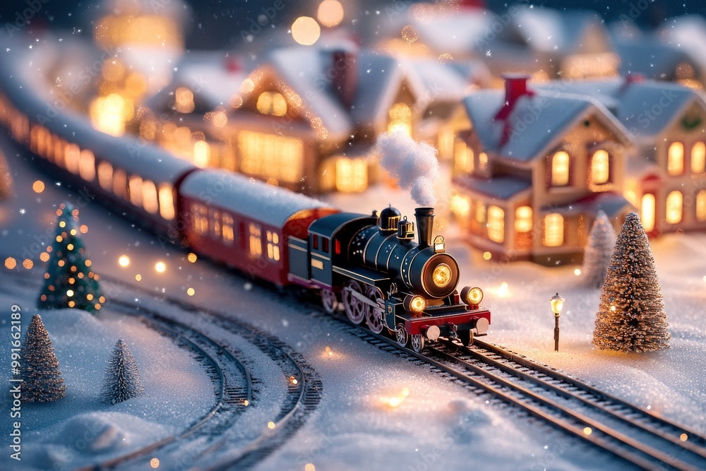Christmas train in a snowy Christmas village. Beautiful Christmas and New Year concept. 3D Rendering. Miniature Christmas village houses. Festive background .geneative ai Christmas train in a snowy Christmas village. Beautiful Christmas and New Year concept. 3D Rendering. Miniature Christmas village houses. Festive background .geneative ai