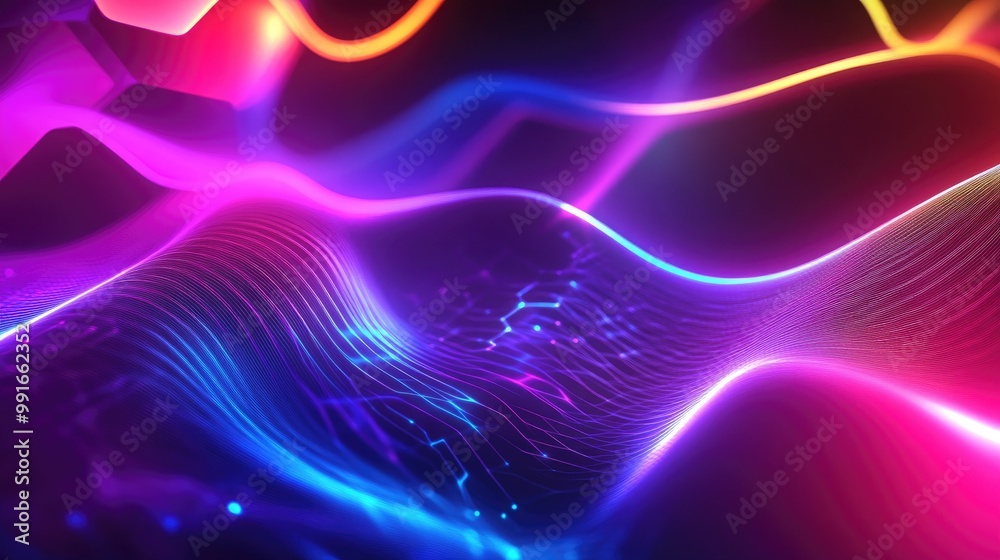 A fluid abstract banner with bright hexagons and curved lines in neon colors, creating a modern, high-energy geometric background design A fluid abstract banner with bright hexagons and curved lines in neon colors, creating a modern, high-energy geometric background design