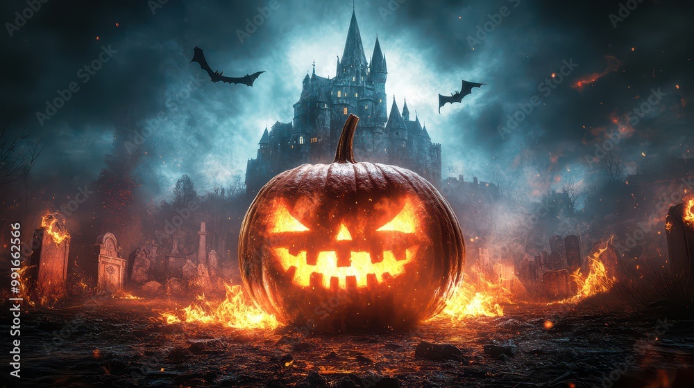 Spooky Halloween scene with a glowing jack-o'-lantern, flying bats, and a haunted castle in the background, surrounded by a mysterious fog. Spooky Halloween scene with a glowing jack-o'-lantern, flying bats, and a haunted castle in the background, surrounded by a mysterious fog.