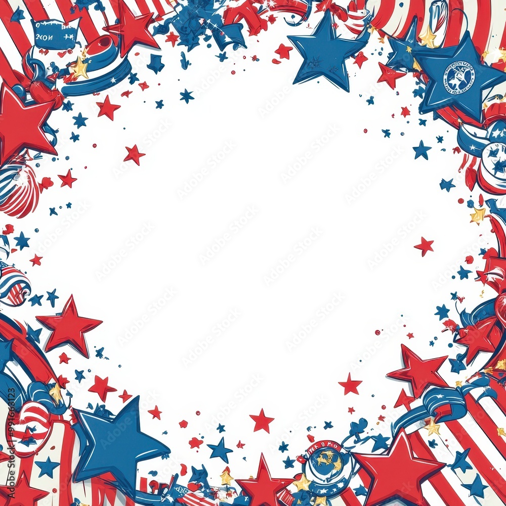 Obraz premium Colorful red, white, and blue star-themed border perfect for festive celebrations and patriotic events, greeting card with copy space in the middle