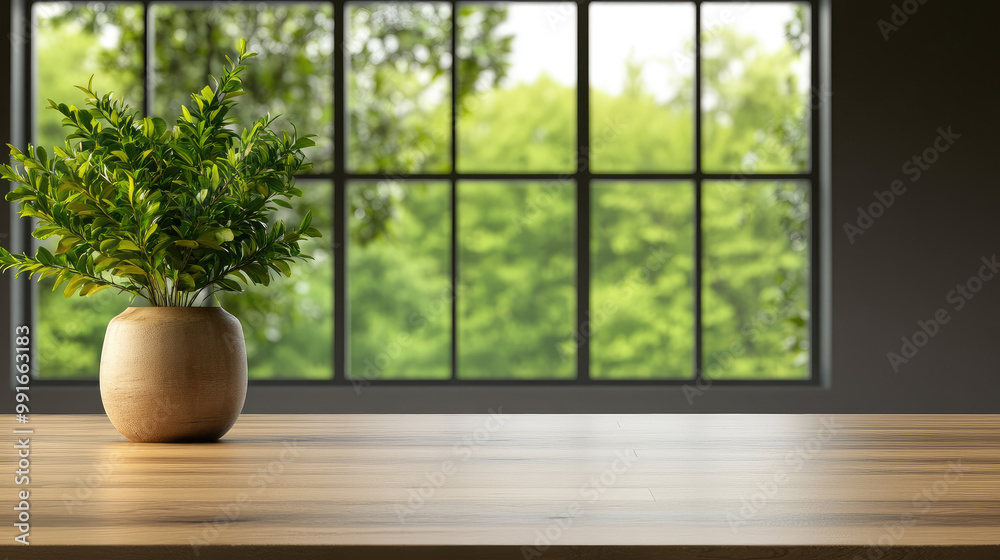 Serene Indoor Oasis, a wooden table featuring a lush potted plant against a backdrop of vibrant greenery visible through large, clean windows, enhancing tranquility and nature. Serene Indoor Oasis, a wooden table featuring a lush potted plant against a backdrop of vibrant greenery visible through large, clean windows, enhancing tranquility and nature.