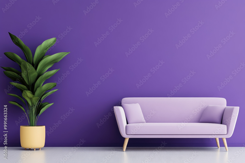 Modern lounge with a pastel purple sofa against a vibrant purple wall, complemented by a stylish yellow planter holding lush green foliage, creating a cheerful ambiance. Modern lounge with a pastel purple sofa against a vibrant purple wall, complemented by a stylish yellow planter holding lush green foliage, creating a cheerful ambiance.