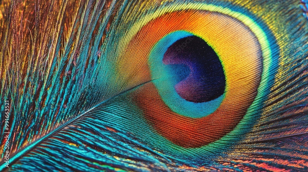 Obraz premium A hyper realistic close-up of a vibrant peacock feather, intricate patterns and iridescent colors