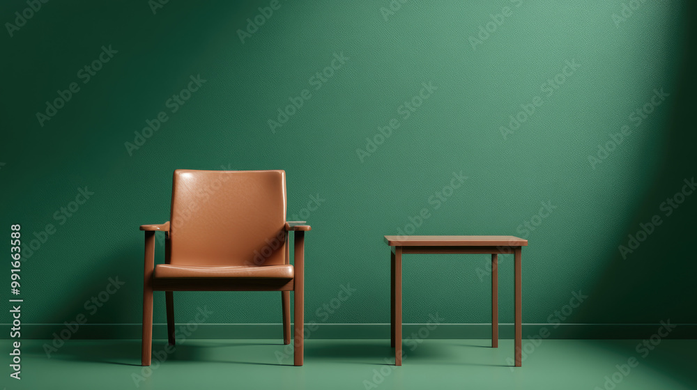 Minimalist seating arrangement, modern brown armchair beside a matching table, set against a vibrant green wall, creating a serene and stylish atmosphere. Minimalist seating arrangement, modern brown armchair beside a matching table, set against a vibrant green wall, creating a serene and stylish atmosphere.
