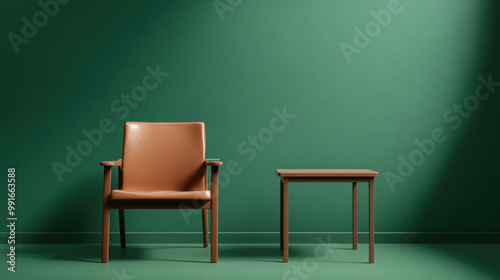 Minimalist seating arrangement, modern brown armchair beside a matching table, set against a vibrant green wall, creating a serene and stylish atmosphere.