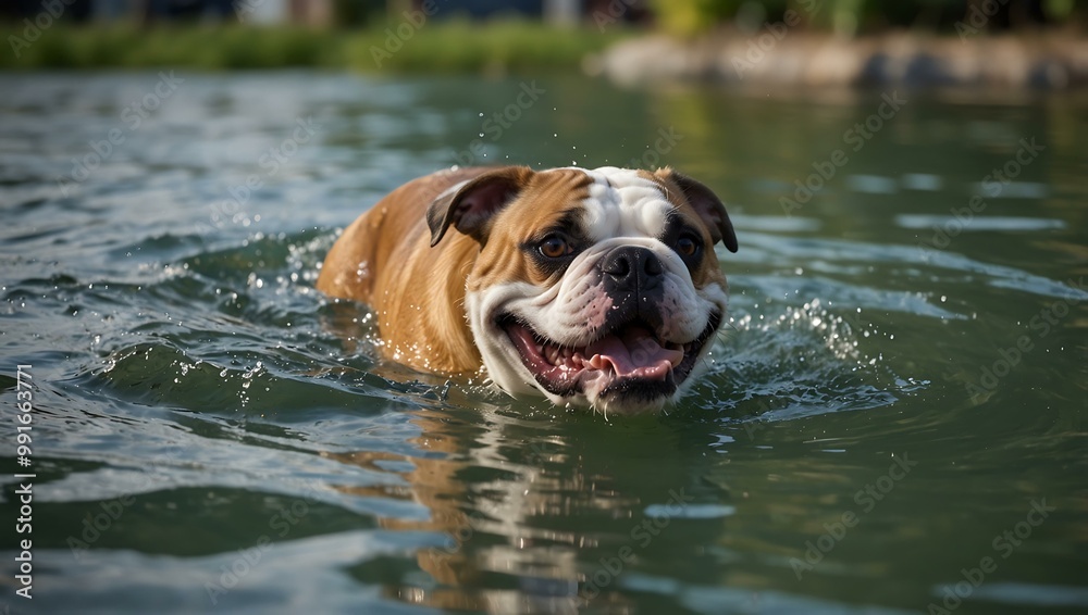 English Bulldog swimming joyfully outside. English Bulldog swimming joyfully outside.