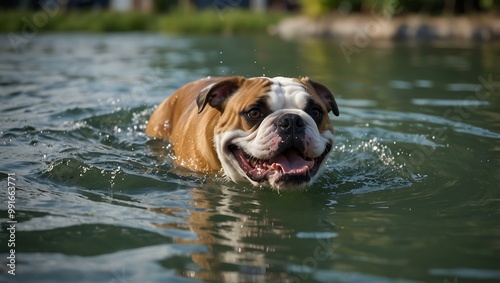 English Bulldog swimming joyfully outside.