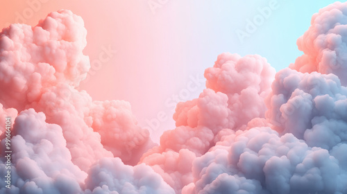 Cotton Candy Skies, a dreamy scene featuring fluffy, pastel-hued clouds illuminated by soft light, creating a surreal and tranquil atmosphere reminiscent of a gentle sunset.