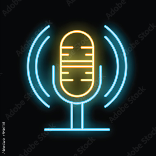 Neon microphone icon glowing on dark background representing podcast, radio or voice recording