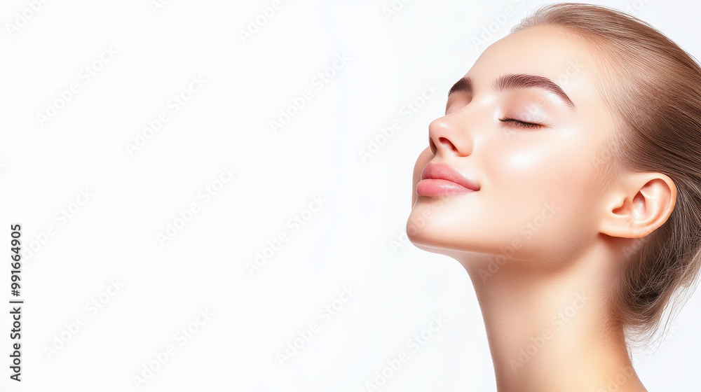 Serene woman with closed eyes, white isolate background Serene woman with closed eyes, white isolate background