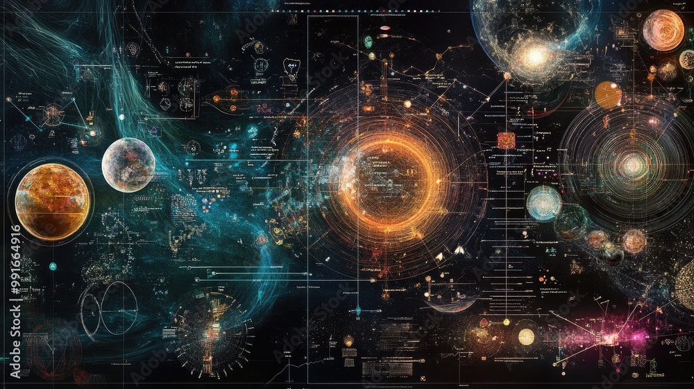Obraz premium A photo realistic collage of scientific data, graphs, charts, and equations, visualizing complex concepts into a visually stunning and informative masterpiece