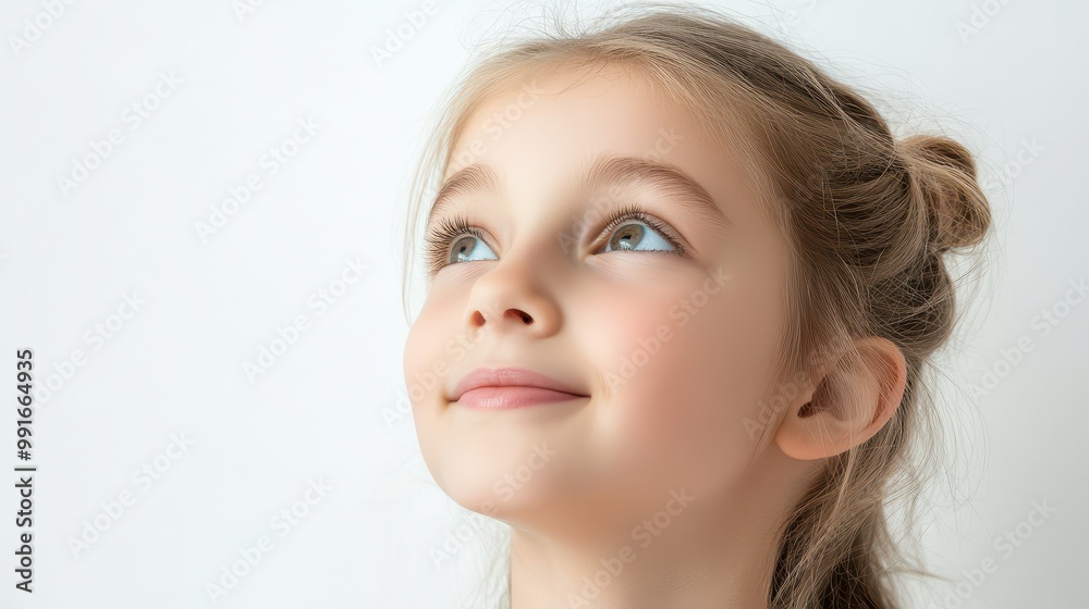 Smiling girl looking up, white isolate background. Smiling girl looking up, white isolate background.