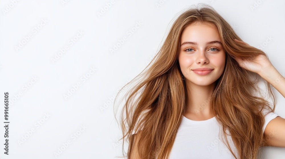 Fototapeta premium Smiling young woman with long hair on a white background