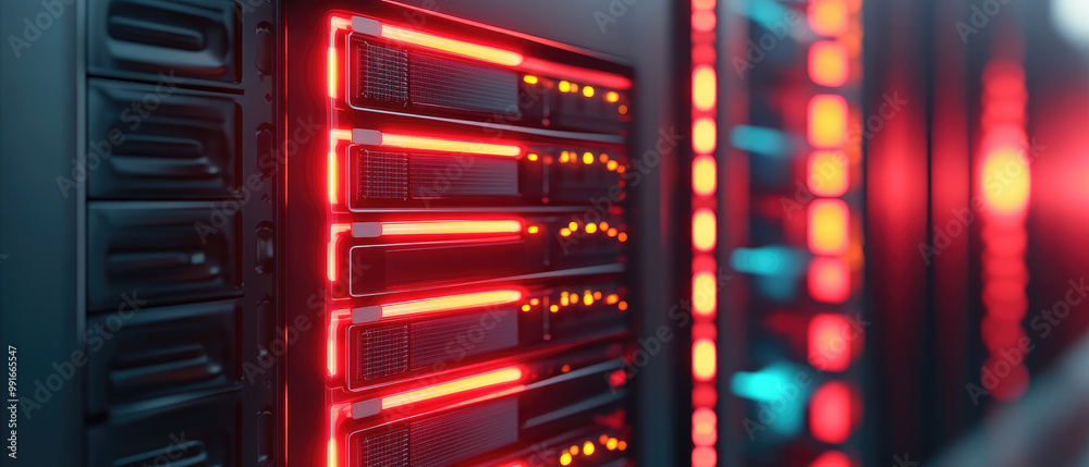 Illuminated Server Rack, showcasing sleek data storage units with vibrant red and blue lights, emphasizing the technological sophistication of modern computing environments. Illuminated Server Rack, showcasing sleek data storage units with vibrant red and blue lights, emphasizing the technological sophistication of modern computing environments.