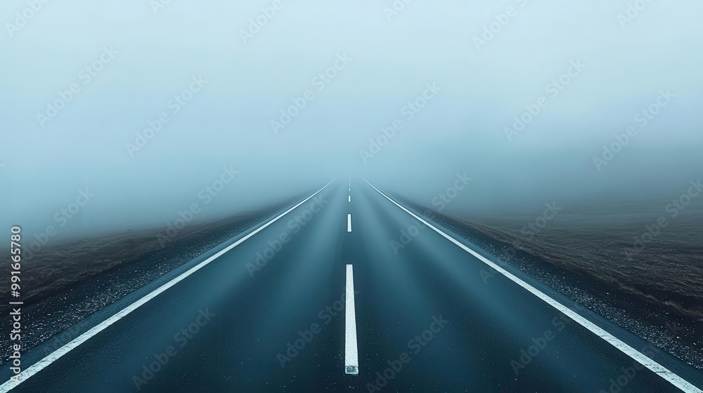 Fototapeta premium Minimalist highway with soft fog rolling in, obscuring everything but a faint white line, foggy road, mystery