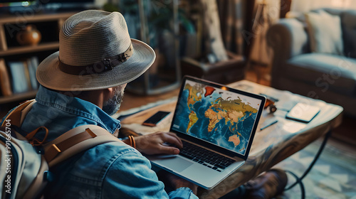 A man with a backpack and hat engaged in trip planning with a laptop and world map display