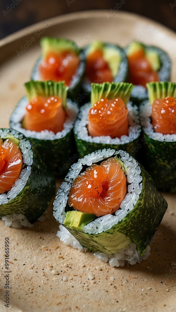 Exquisite sushi roll with salmon roe and avocado, paired with pickled ginger. Exquisite sushi roll with salmon roe and avocado, paired with pickled ginger.