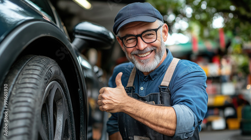 Smiling car mechanic in navy blue showing thumbs up with confidence