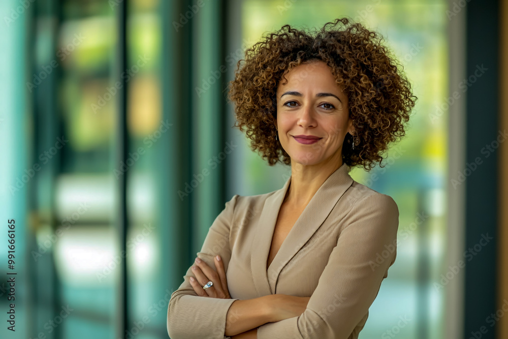An elegant middle-aged woman with curly hair, smiling and standing in an office. An elegant middle-aged woman with curly hair, smiling and standing in an office.