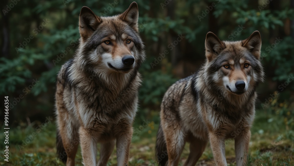 Family of wolves peacefully wandering outdoors. Family of wolves peacefully wandering outdoors.