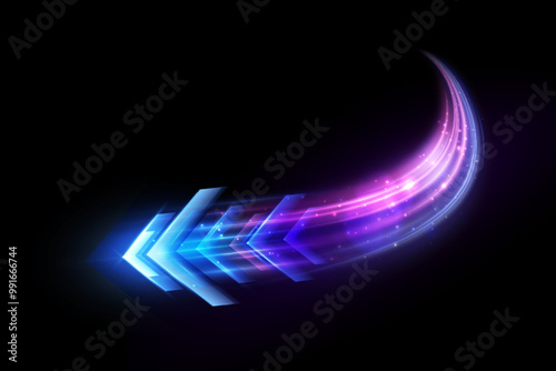 Light effect of high speed movement light high speed arrow bright purple glow. Dynamic movement of high speed arrow light energy. Vector